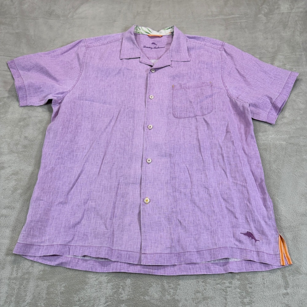 Tommy Bahama Mens Large Purple 100% Linen Short Sleeve Button Front Shirt Logo